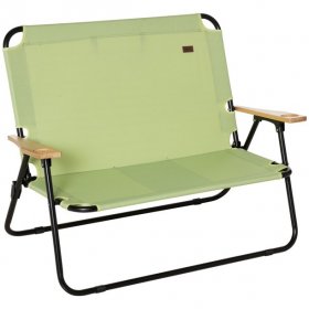 Outsunny Portable Folding Double Camping Chair Cup Holder, Loveseat for 2 Person, Outdoor Chair with Wood Armrest Beach Travel, Green