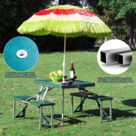 Outsunny 4 Person Plastic Portable Compact Folding Suitcase Picnic Table Set With Umbrella Hole - Green