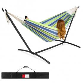 Best Choice Products 2-Person Brazilian-Style Cotton Double Hammock Bed w/ Carrying Bag, Steel Stand, Blue/Green Stripes