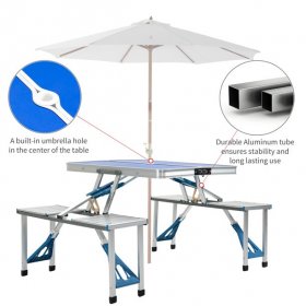 Outsunny Folding Aluminum Picnic Table Chair Set, 4-Seat Outdoor Furniture with Portable Suitcase, Umbrella Hole, Handle for Camping Dining BBQ, Blue