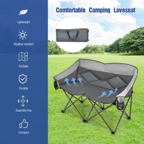 Costway Folding Camping Chair Loveseat Double Seat w/ Bags & Padded Backrest Gray