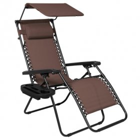 Best Choice Products Folding Zero Gravity Recliner Patio Lounge Chair w/ Canopy Shade, Headrest, Side Tray - Brown