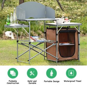 Costway Foldable Camping Table Outdoor BBQ Portable Grilling Stand w/Windscreen Bag